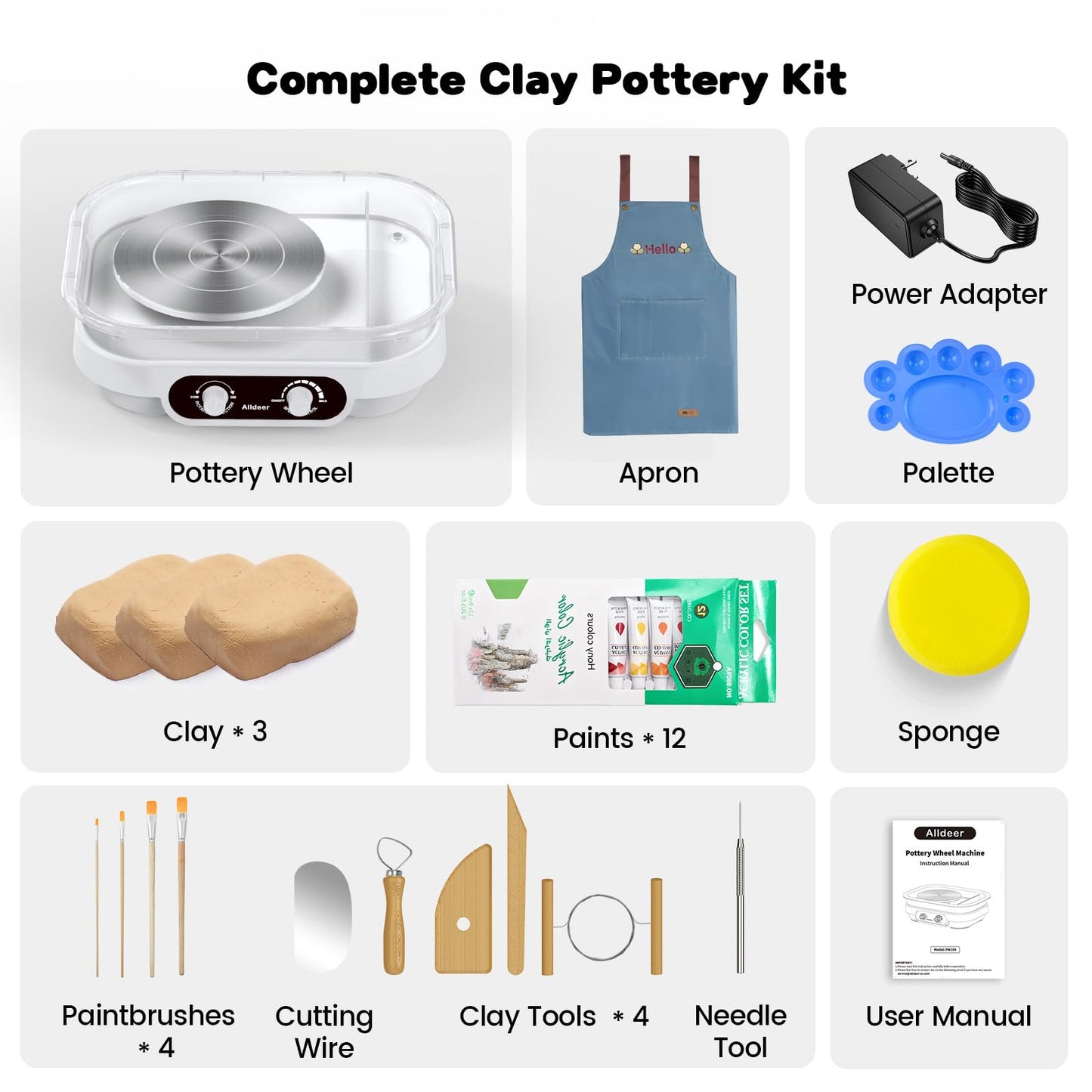 Alldeer Pottery Wheel for Adults, Kids, Teens, Beginner, Professional - 7" Turnable Eletric Clay Spinner with Adjustable Speed & Removable Tray, Ceramic Home Kit, DIY Set Gift for Artists & Hobbyists