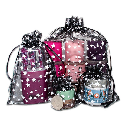 100-Pack 4x6 Sheer Organza Drawstring Gift Bags (Medium) - Metallic Stars (Black/White) - Wedding Party Favors, Jewelry, Candy, Treats Mesh Pouch by The Display Guys