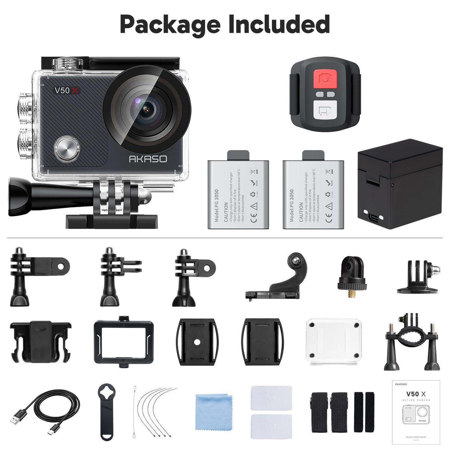 AKASO V50X Native 4K30fps WiFi Action Camera with EIS Touch Screen 4X Zoom 131 feet Waterproof Camera Support External Mic Remote Control with Helmet Accessories (Without 64GB MicroSD Card)