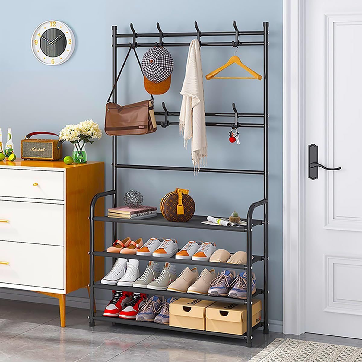 8 Closet 4 Shoe Rack Shoe Storage Shelf Freestanding with Hooks for Entryway Bedroom Tier, Black