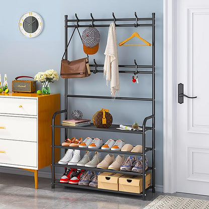 8 Closet 4 Shoe Rack Shoe Storage Shelf Freestanding with Hooks for Entryway Bedroom Tier, Black