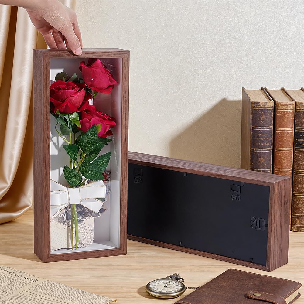 INTERWARM 2Pcs Shadow Box Display Case, 14.4x6.1x2.56Inch Rectangle MDF Shadow Box Frame with Nail Hangers and Hook for Mother's Day Awards Memorabilia Flower Pictures Keepsakes Medals(Camel)
