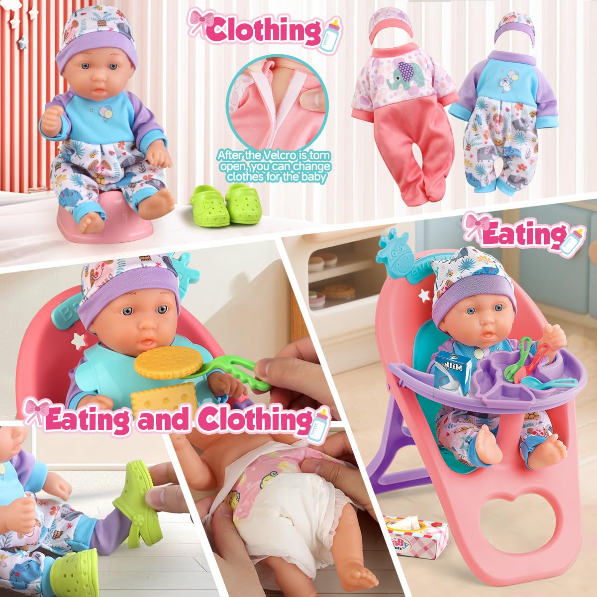 Baby Doll Crib and Stroller Accessories Play Set with 11" Baby Doll,Dining Chair,24 PCS Dolls Accessories and 2 Sets Clothes,Realistic Pretend Play for Girls Kids 3-5 4-6 5-7 Year Gifts