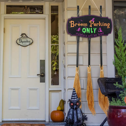 Bnesi Halloween Creative Wall Decorations, Broom Parking Sign with 3 Removable and Placeable Witches Brooms, Outdoor Front Porch or Indoor Living Room Wall Halloween Decoration (Halloween)