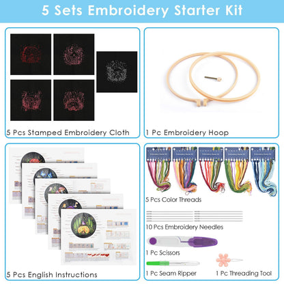 ERKOON 5 Sets Embroidery Kit for Beginners, Art Craft Handy Sewing Set Mushroom Cross Stitch Starter Kits, DIY Embroidery Kits with Patterns and Instructions Hoops Needles Threads