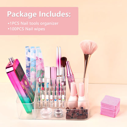 YINGJEE Nail Drill Holder & 28 Holes Nail Drill Bits Holder, Transparent Acrylic Nail Drill Machine Storage Box, Professional Nail Drill Organizer Case for Manicure tools