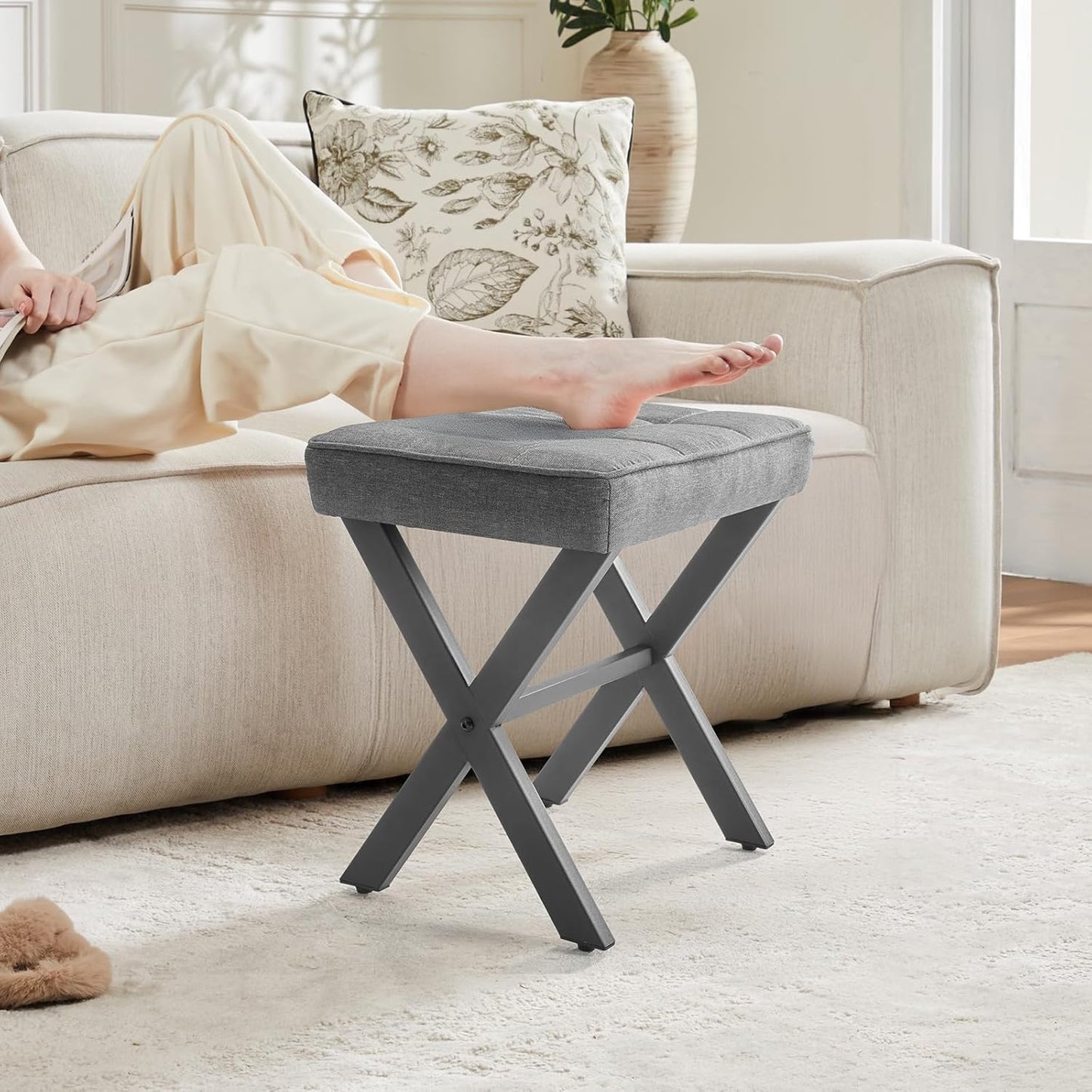 Sweetcrispy Vanity Stool Ottoman, Square Linen Makeup Stool Metal X Legs, Small Footstool Chair for Vanity, Modern