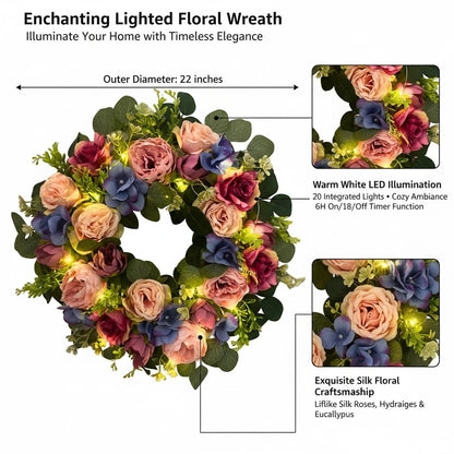 Svndlyn 22 Inch Lighted Floral Wreath with Timer for Front Door Decor