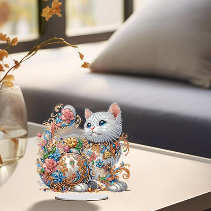 ACSAUMMY 5D Diamond Art Kits for Adults, Diamond Art Painting Desktop DIY Diamond Art Tabletop White Cat Diamond Arts and Crafts for Kids Adults Stand Up Gem Painting Kit for Decoration