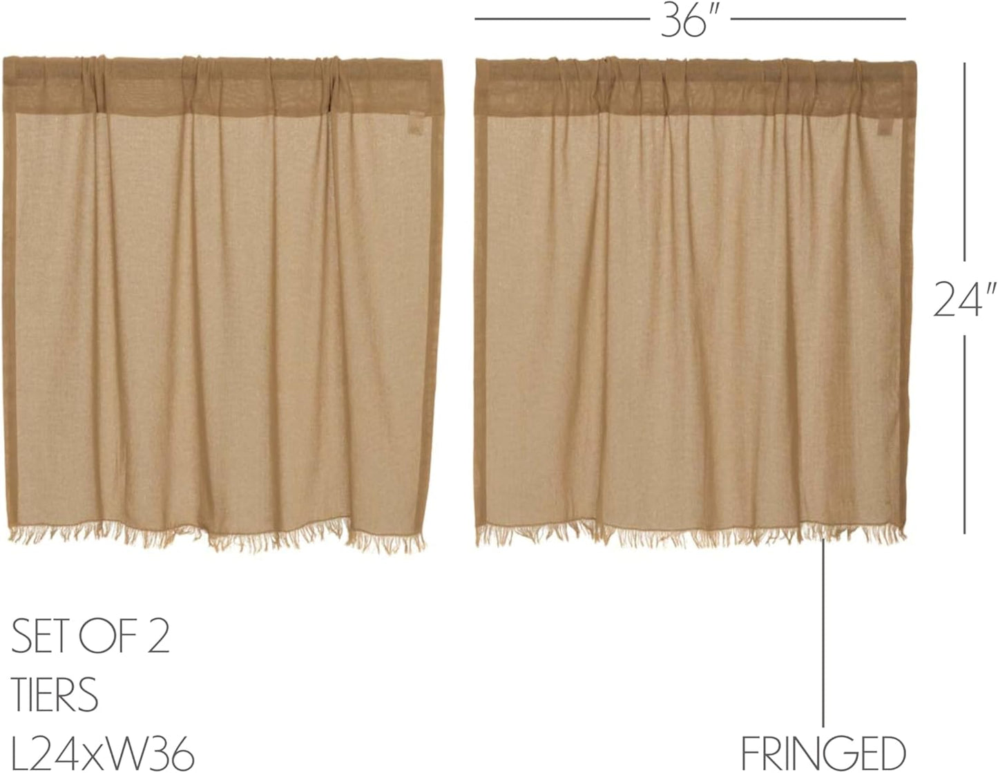 VHC Brands Primitive Farmhouse Kitchen Window Curtains - Tobacco Cloth Fringed Tier Pair, Set 24x36, Khaki Tan
