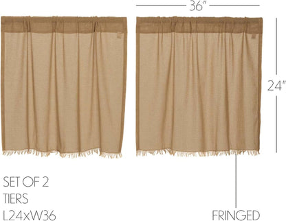 VHC Brands Primitive Farmhouse Kitchen Window Curtains - Tobacco Cloth Fringed Tier Pair, Set 24x36, Khaki Tan