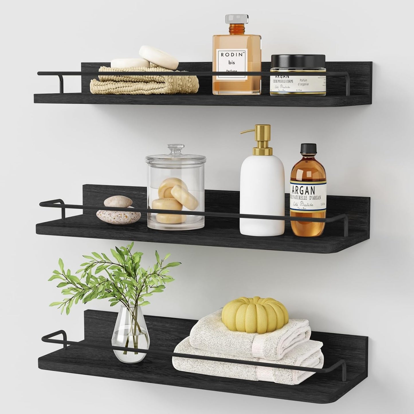17 Inch Long-Set 3 Forbena Black Floating Shelves for Wall, Bahtroom Wall Shelves Over Toilet, Rustic Hanging Shelf
