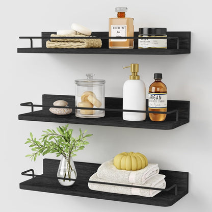 17 Inch Long-Set 3 Forbena Black Floating Shelves for Wall, Bahtroom Wall Shelves Over Toilet, Rustic Hanging Shelf
