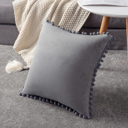 DEZENE Decorative Pillow Cases, 24x24 Light-Grey, 2 Pack Cozy Soft Pom-poms Velvet Square Throw Pillow Covers