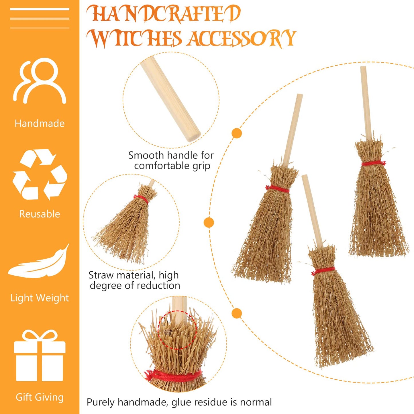 Cindeer 50 Pcs Miniature Halloween Mini Straw Brooms Artificial Halloween Straw Craft Decoration Small Dollhouse Witch Broomstick with Red Ropes Wizard Witches Accessory for Costume Cosplay Party