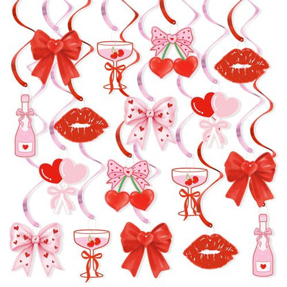 K KUMEED 20 Pcs Valentine's Day Party Decorations,Glitter Heart Cherry Bow Hanging Swirls,Red Pink Valentines Day Party Supplies Home Classroom Office Wedding Party Anniversary