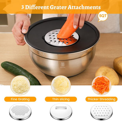 ROYDX Stainless Steel Mixing Bowls With BPA Free Airtight Lids &3 Grater Attachments,Non-Slip Bottoms- 33% Thick Metal Nesting Bowls for Mixing & Serving