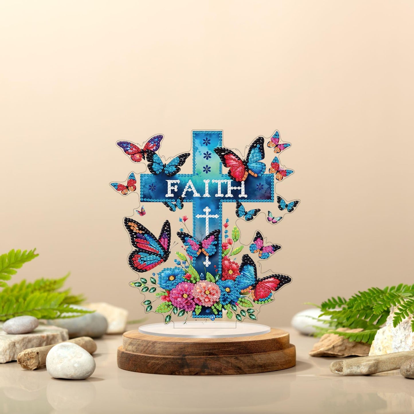 Bloomthread Faith Cross Religious Easter Day Diamond Art Painting Kit, Speical Shaped Rhinestone Desktop Ornament Single Sided, Diamond Painting Stand for Adult Beginner (Blue Cross and Butterfly)