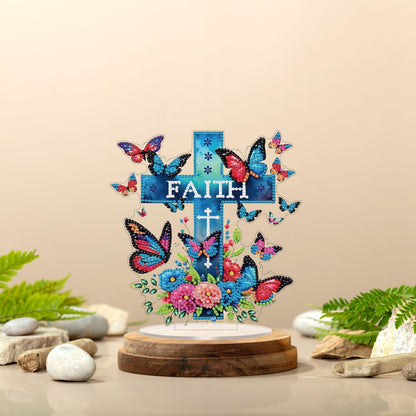 Bloomthread Faith Cross Religious Easter Day Diamond Art Painting Kit, Speical Shaped Rhinestone Desktop Ornament Single Sided, Diamond Painting Stand for Adult Beginner (Blue Cross and Butterfly)