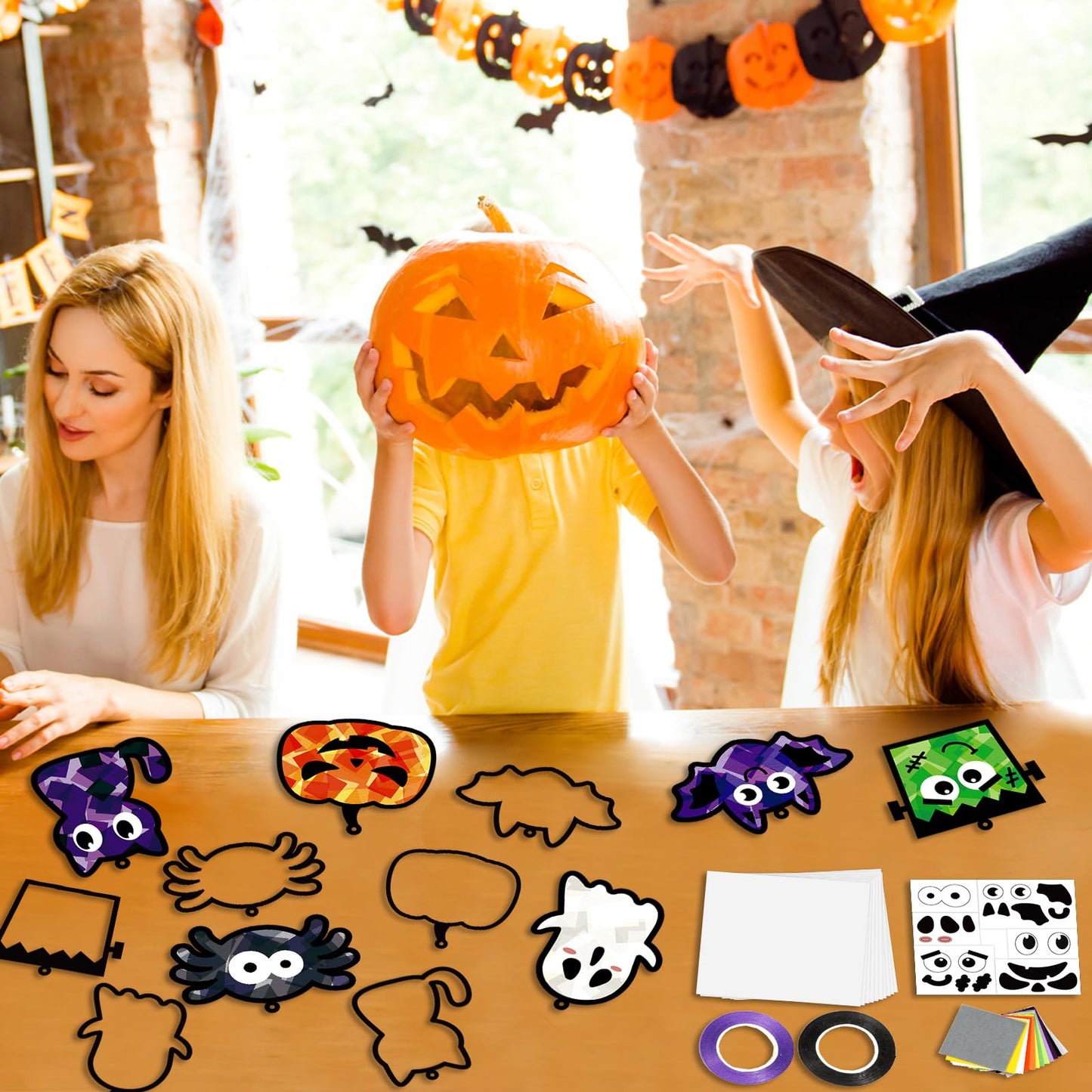 Lonfliness 36 Set Halloween Suncatchers Craft for DIY Pumpkin Ghost Cat Spider Window Tissue Paper Craft Kit Hanging Decor for Home Activity Art Project Birthday Party Favor Gift