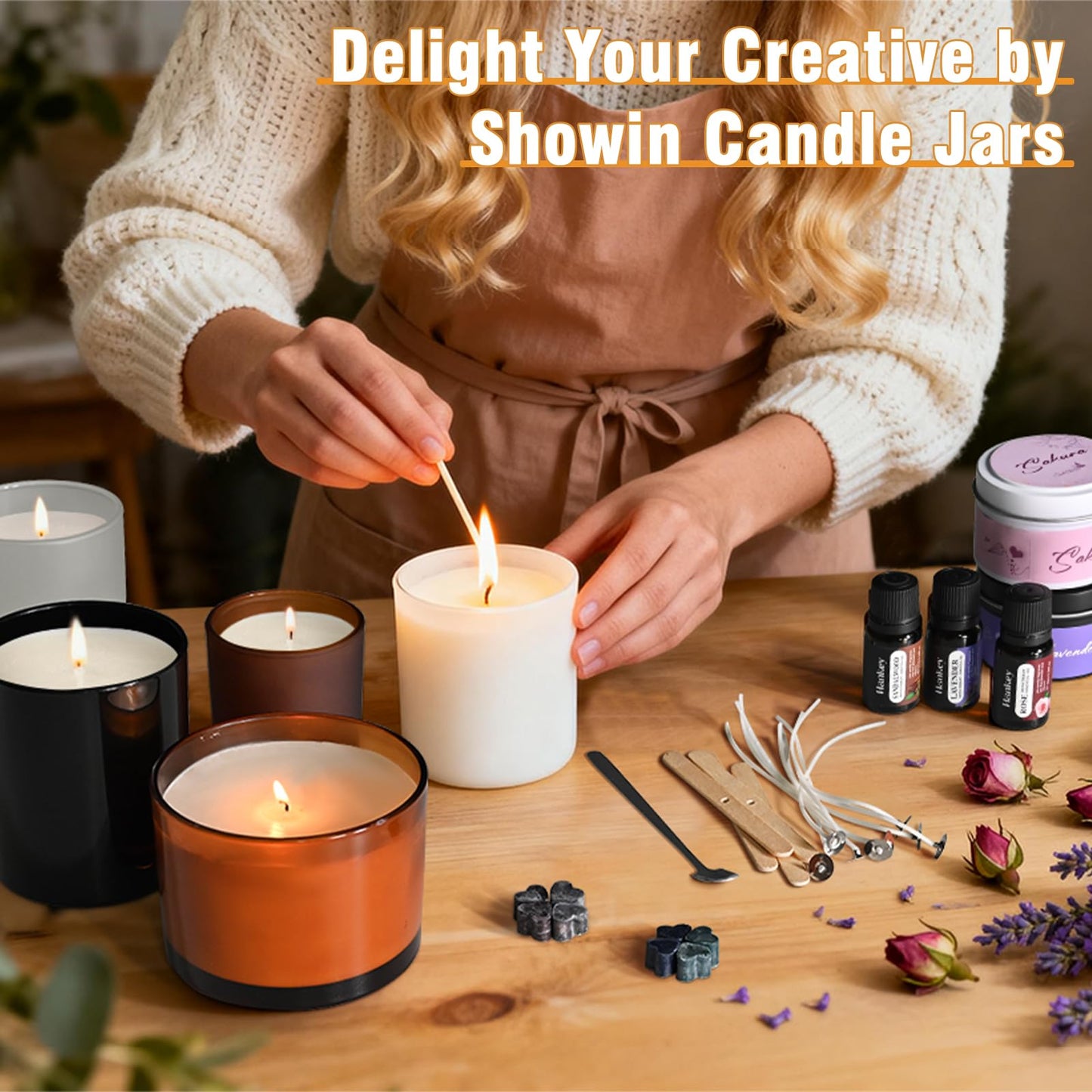 SHOWIN 10 OZ Thick Candle Jars for Making Candles 15 Pcs, Empty Jars with Wood Lids for Candle Making, Sample Container, Frosted Grey
