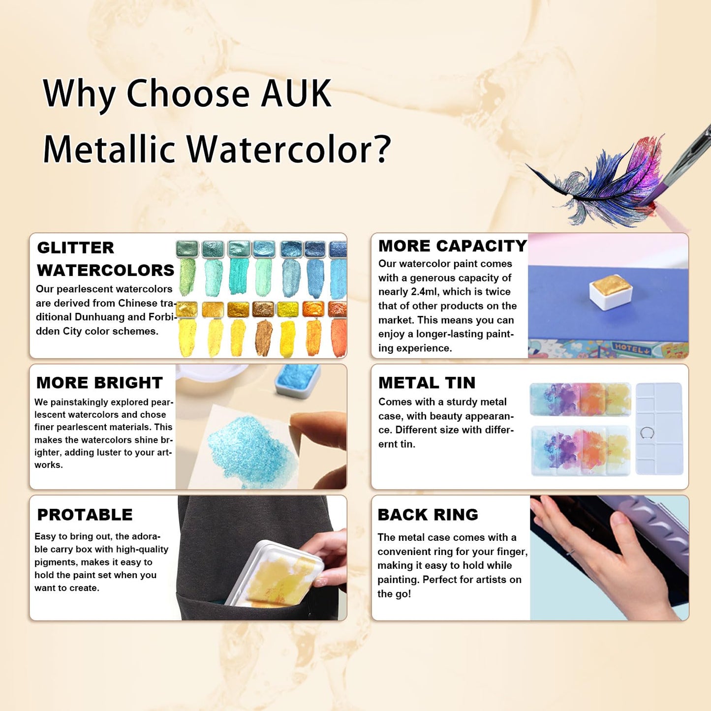 AUK Metallic Watercolor Paints Set for Adult Artists, 24 Glitter Solid Watercolors 2ml Half Pans Metal Case Sparkle Pearlescent Shiny Watercolour Painting Set