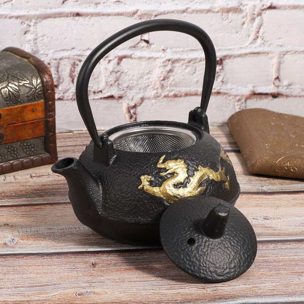 Japanese Tetsubin Cast Iron Tea Kettle - Stovetop Teapot with Gold Dragon Pattern, 0.3L