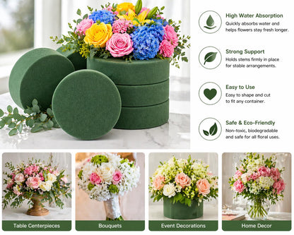 6 Pack Floral Foam Blocks Round 6.5 Inch, Green Flower Foam for Fresh and Artificial Flowers, Wet Dry Foam for Floral Arrangements, DIY Flower Supplies