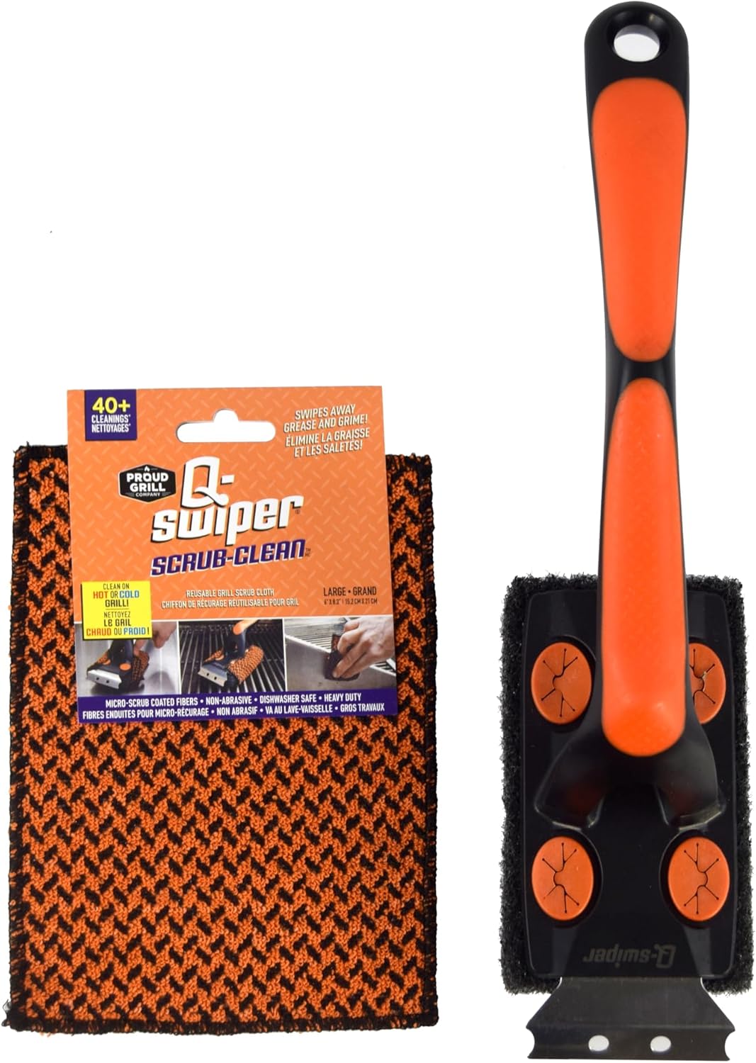Set Proud Grill Q-Swiper XL Scrub-Clean BBQ Grill Cleaner - Long Bristle-Free Brush with Scraper & Scrub-Clean Reusable