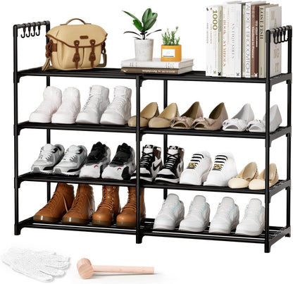 DYJIEKAI 2 4 16-20 Closet, Rows Tier Shoe Rack, Black Metal Stackable Shoe Shelf with Multifunctional Hooks, Hold