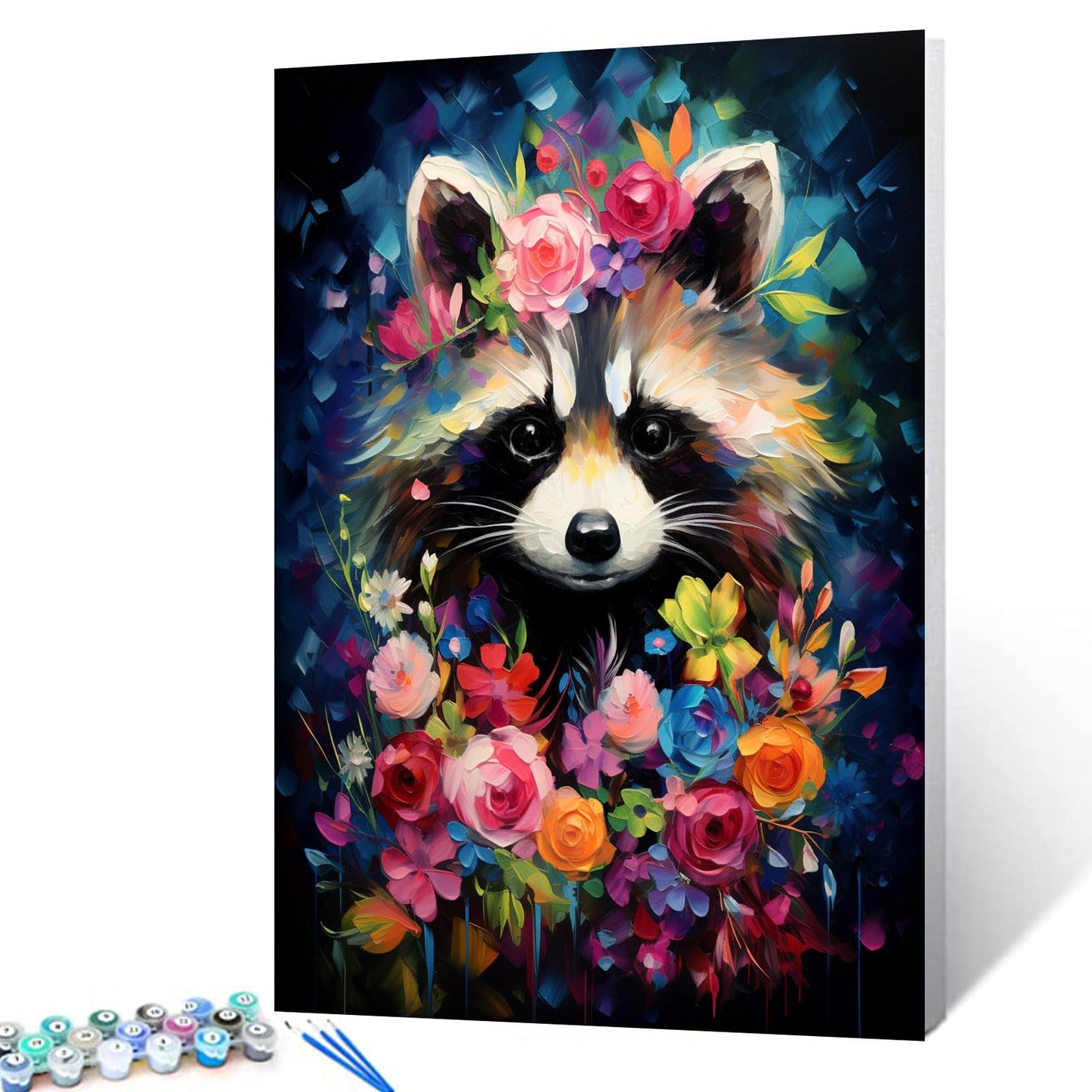 Tucocoo Raccoon Flowers Paint by Number for Adults Beginner, DIY Oil Painting Kits on Canvas with Brushes and Acrylic Pigment, Abstract Floral Cute Animal Picture for Home Decor 16x20inch (Frameless)