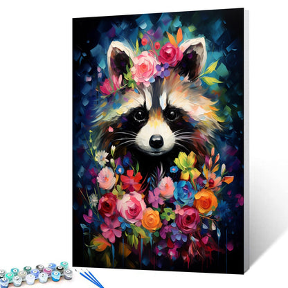 Tucocoo Raccoon Flowers Paint by Number for Adults Beginner, DIY Oil Painting Kits on Canvas with Brushes and Acrylic Pigment, Abstract Floral Cute Animal Picture for Home Decor 16x20inch (Frameless)