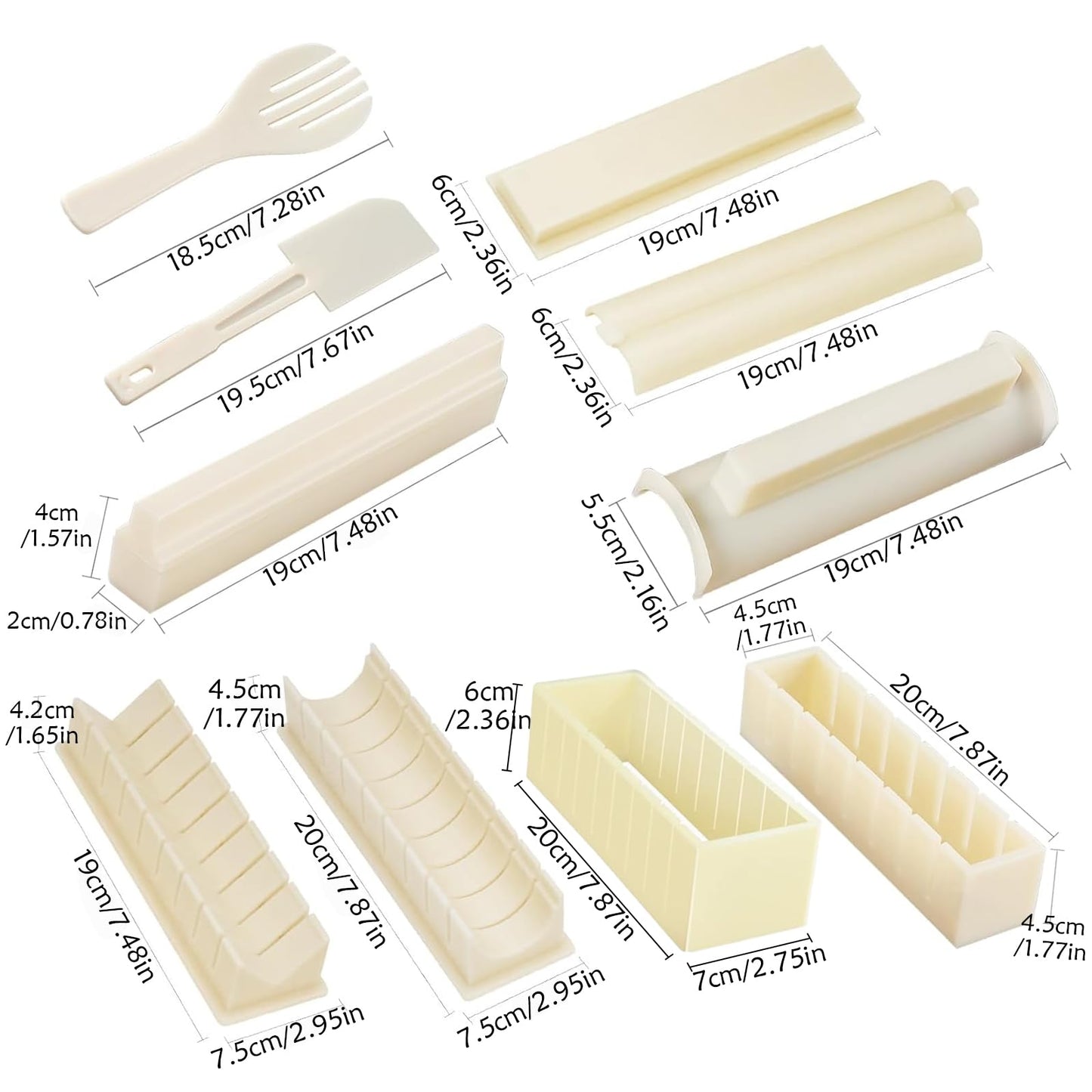 XPAPOV Sushi Making Kit, Sushi Maker 10 Pcs Plastic Sushi Tool Set Sushi Rice Roll Mold Shapes, DIY Sushi Roller Tool for Home (Beige)