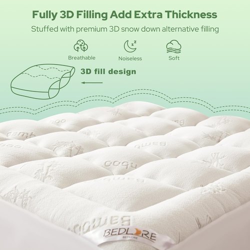 BEDLORE Full Size Mattress Topper - Thick Bamboo Viscose Pillow Top for 6-15 Inch Mattresses | Breathable Comfort & Back Pain Relief