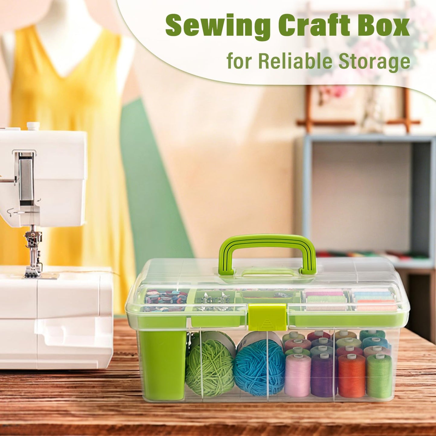 BTSKY 15 Inch Large Capacity Portable Clear Sewing Storage Box - with Removable Compartment Tray, Multi-Layer Sorting Organizer for Thread/Buttons/Tools/Craft DIY, Green