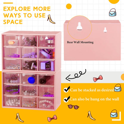 Wenqik 2 Pcs Mini Storage Drawers Teacher Toolbox Organizer with 9 Clear Drawers Small Plastic Desktop Teacher Desk Craft Organizer for Classroom Office 7" x 3. 9" x 4. 7"(Pink)