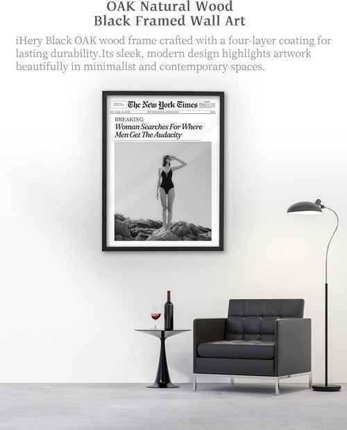 iHery Premium Natural Black Oak Wood Framed Wall Art - Retro Woman Canvas Decor 12x16in | Perfect for Dorms & Living Rooms