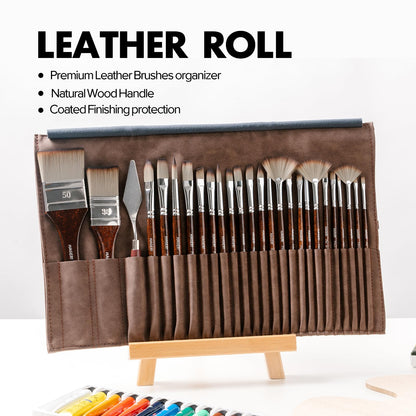HAGERI 25 Pieces Paint Brushes, Expert Synthetic Nylon Bristles Paint Brush Kit with Palette Knife & Suede Leather Roll, Paint Brushes Set for Oil, Acrylic, Watercolor, Gouache and Detail Paintings