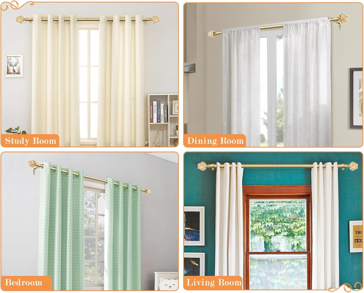HOTOZON Heavy Duty Curtain Rod Gold, 32 to 58 Inch Decorative Single Drapery Rod with Exquisite Twisted Finials