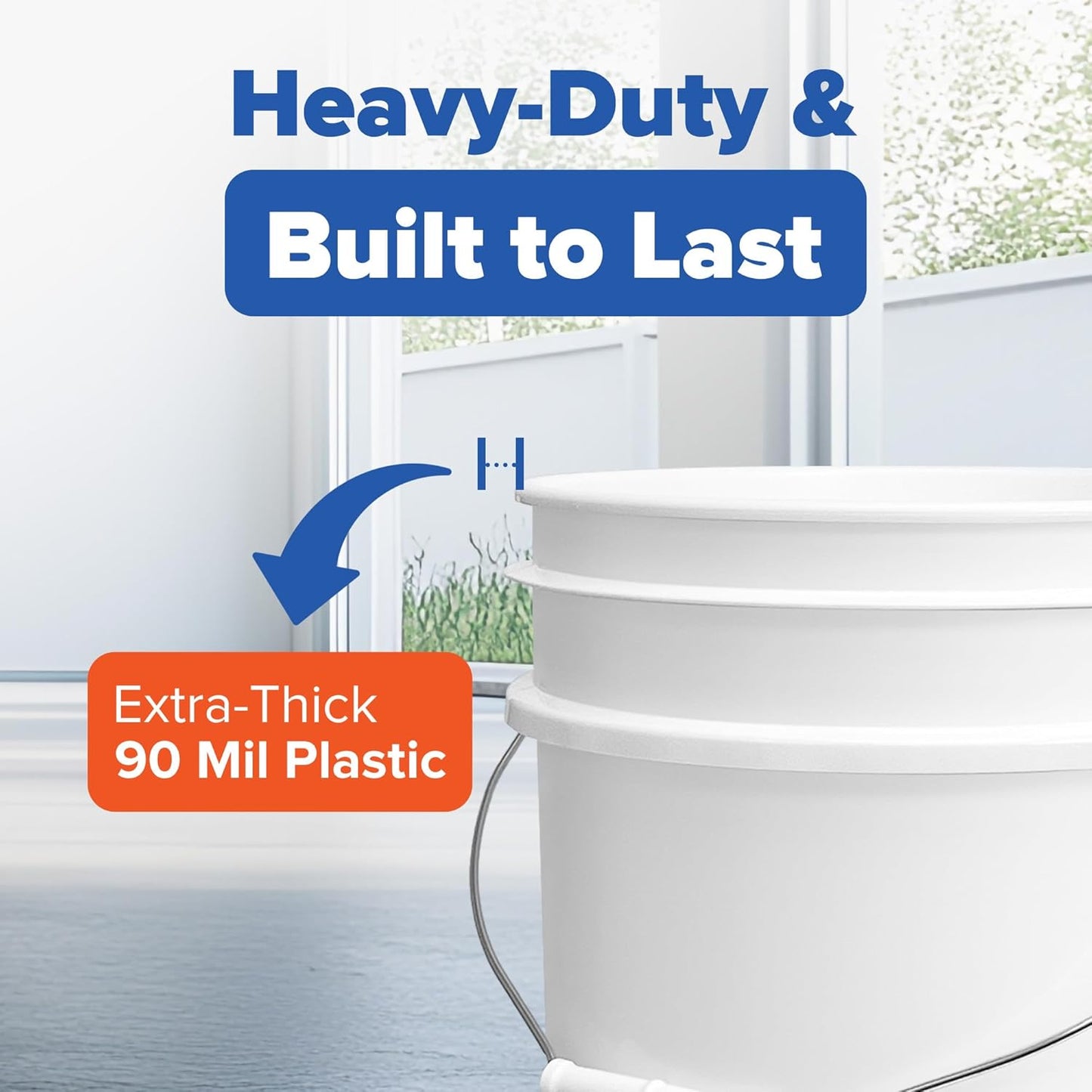 5 Gallon White Bucket & Lid - Durable 90 Mil All Purpose Pail, Food Grade, Made in The USA, 1 Pack
