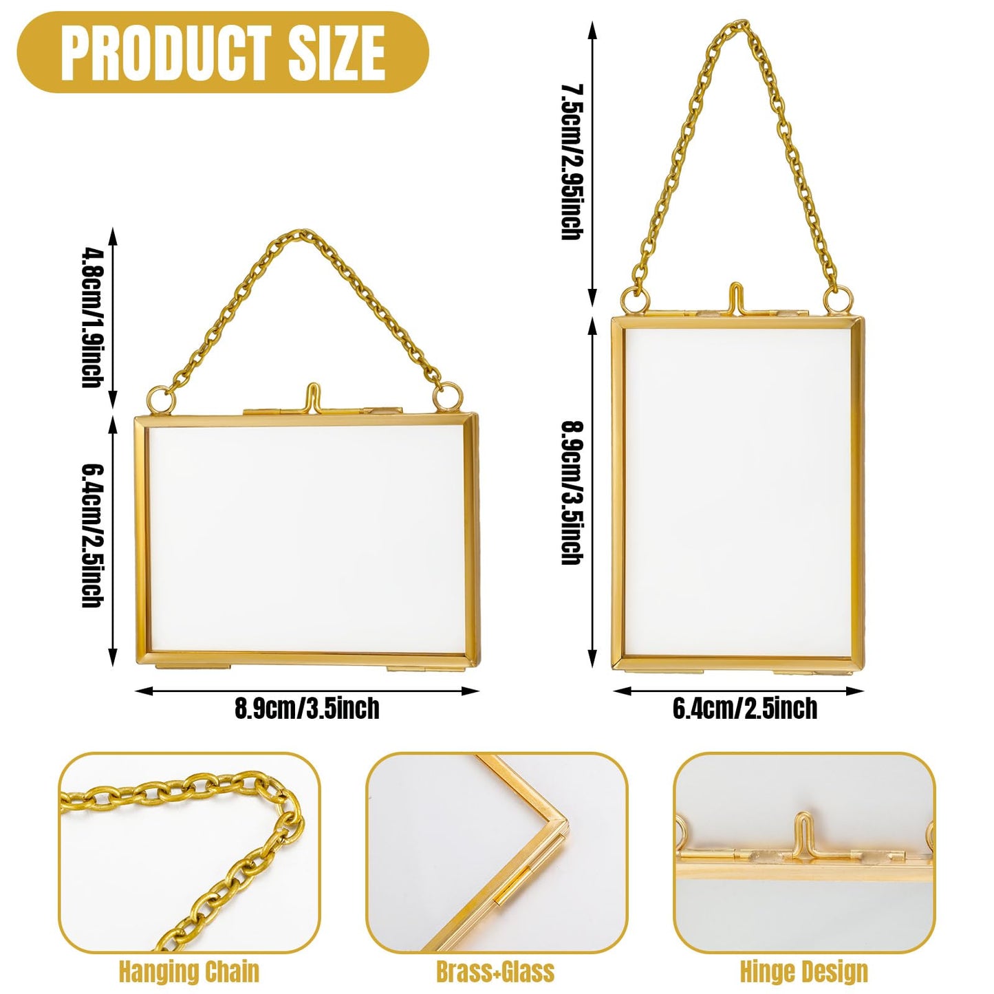 Kigley Double Glass Frame for Pressed Flowers Floating Hanging Photo Frame Gift for Graduation Mother's Day 3.5 x 2.5 in Brass Clear Decor with Chain for Display Gallery Artwork (Gold,12 Pcs)