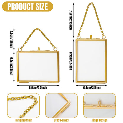 Kigley Double Glass Frame for Pressed Flowers Floating Hanging Photo Frame Gift for Graduation Mother's Day 3.5 x 2.5 in Brass Clear Decor with Chain for Display Gallery Artwork (Gold,12 Pcs)