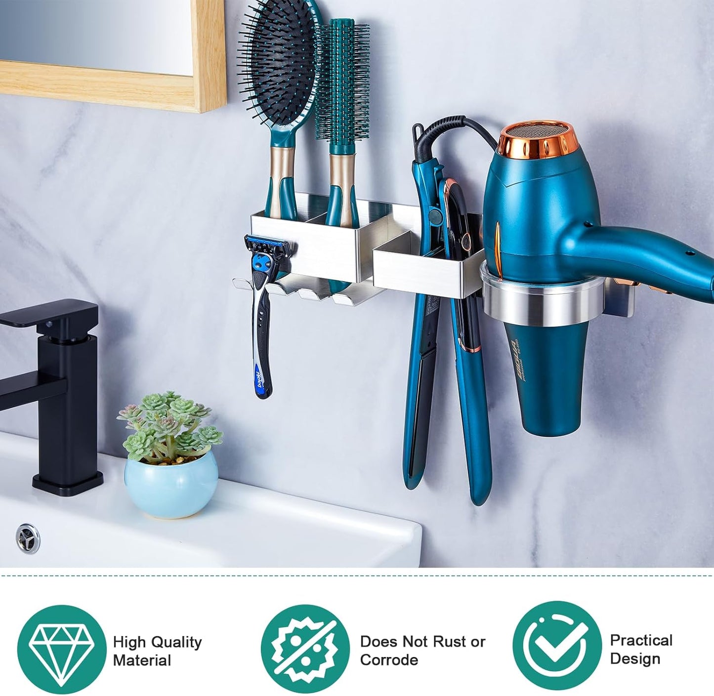 Wall Mounted Hair Dryer Holder, Hair Tool Organizer for Bathroom, Adhesive Stainless Steel Hair Dryer Hanger