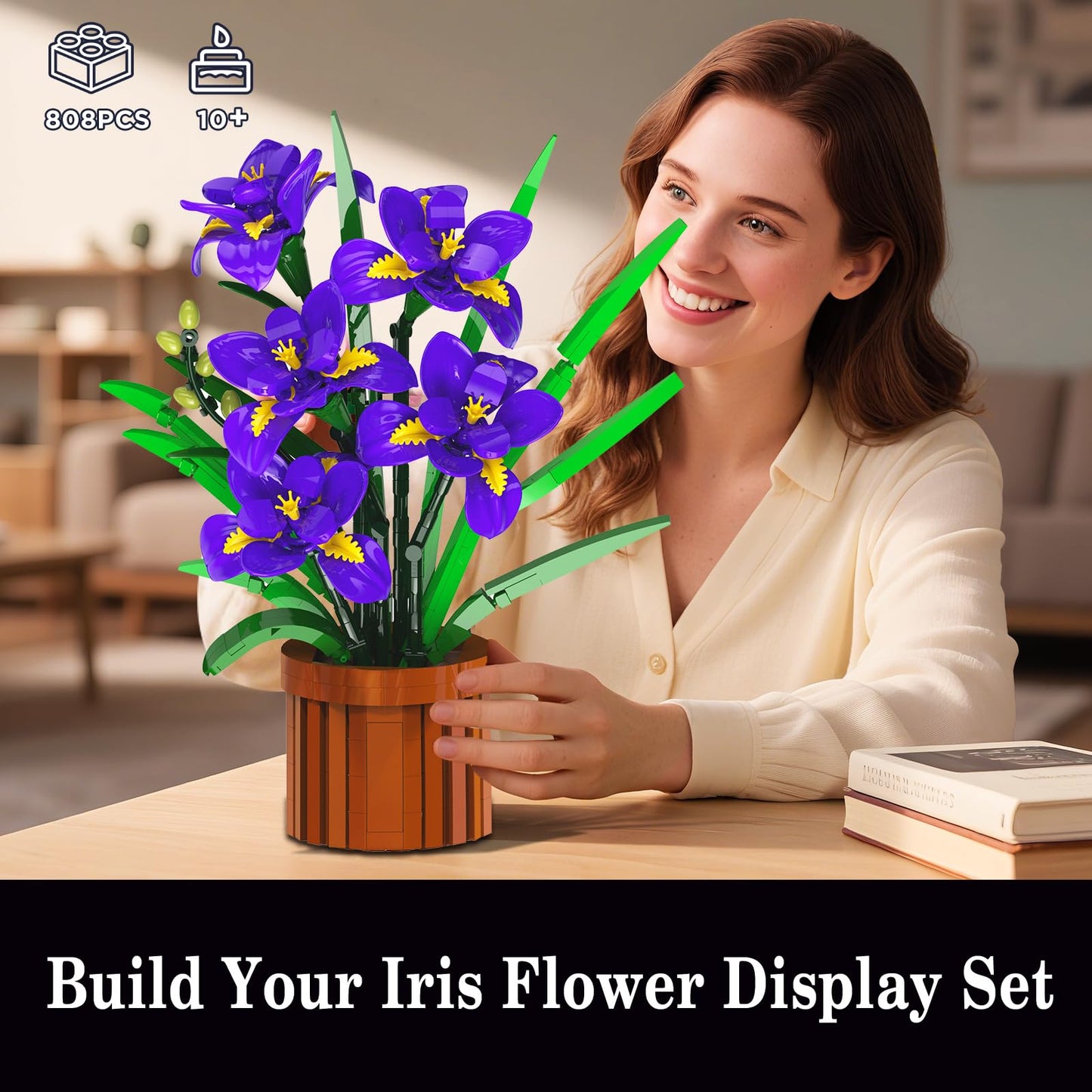 CUBIMANA Botanicals Iris Flowers Building Set for Adults - Artificial Plants & Flowers Decor for Home Office Bedroom or Desk, 808PCS Floar Birthday Christmas Housewarming Gift for Women & Men Ages 18+
