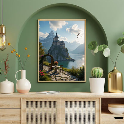 Diamond Art Kits for Adults, Stone Castle Lake Mountain View Round Full Drill 5D Diamond Painting Kits for Adults Beginners, Diamonds Pictures Diamond Painting Crafts Home Wall Decor 12x16 Inch