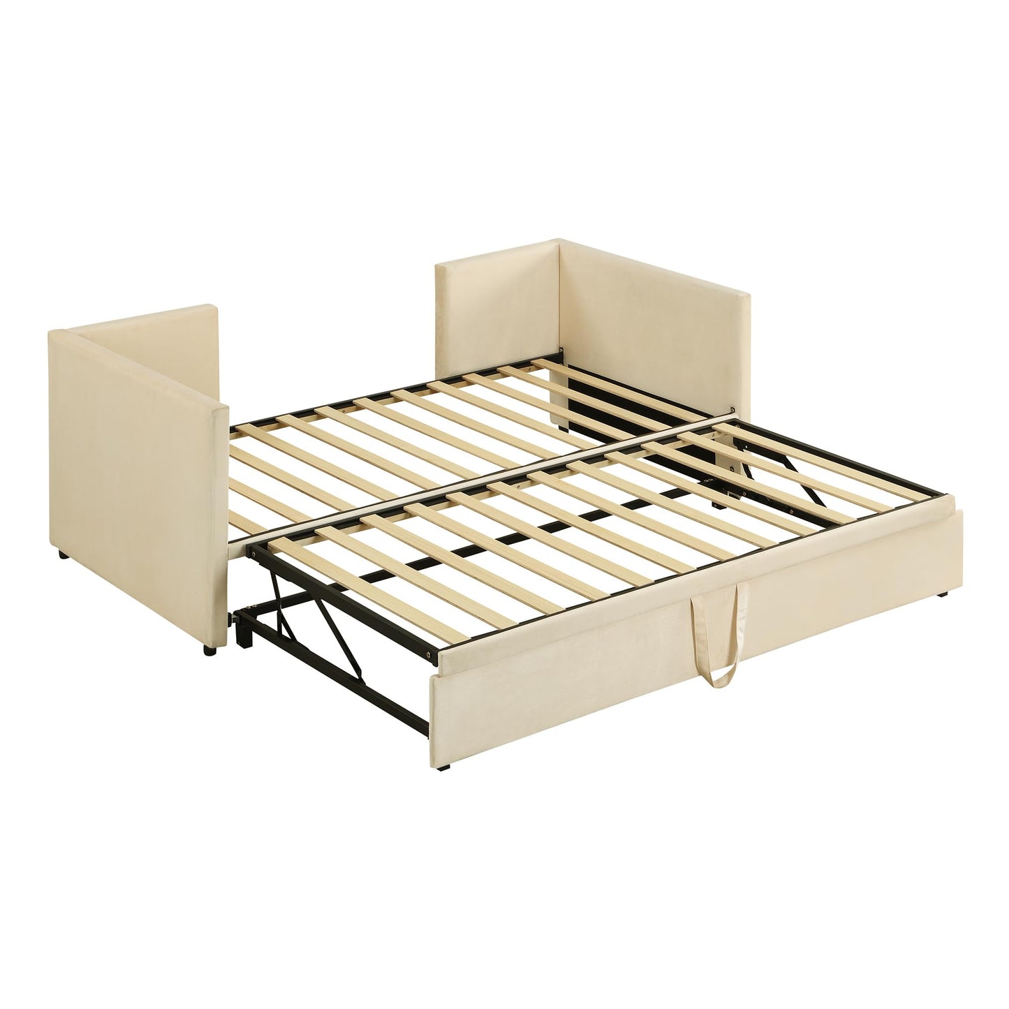 Merax Twin Size Upholstered Daybed Sofa Bed Frame with Extendable Trundle,Backrest and Two Armrests,for Bedroom,Beige Yellow