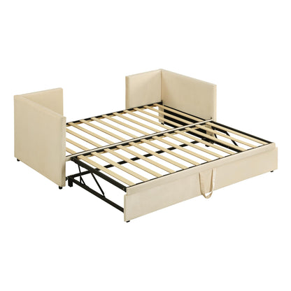 Merax Twin Size Upholstered Daybed Sofa Bed Frame with Extendable Trundle,Backrest and Two Armrests,for Bedroom,Beige Yellow