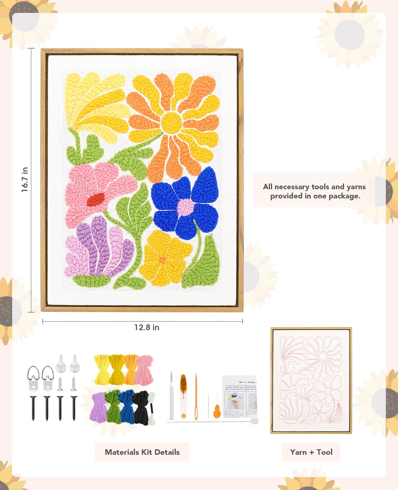 Acelist 16 Inch Punch Needle Kit with Frame, Easy Punch Embroidery Kits for Beginners, Adults & Kids Craft Kits, Picture Frame as Home Wall Décor, Pattern Fabric,Threader, Yarns, Hoops & Rug Punch
