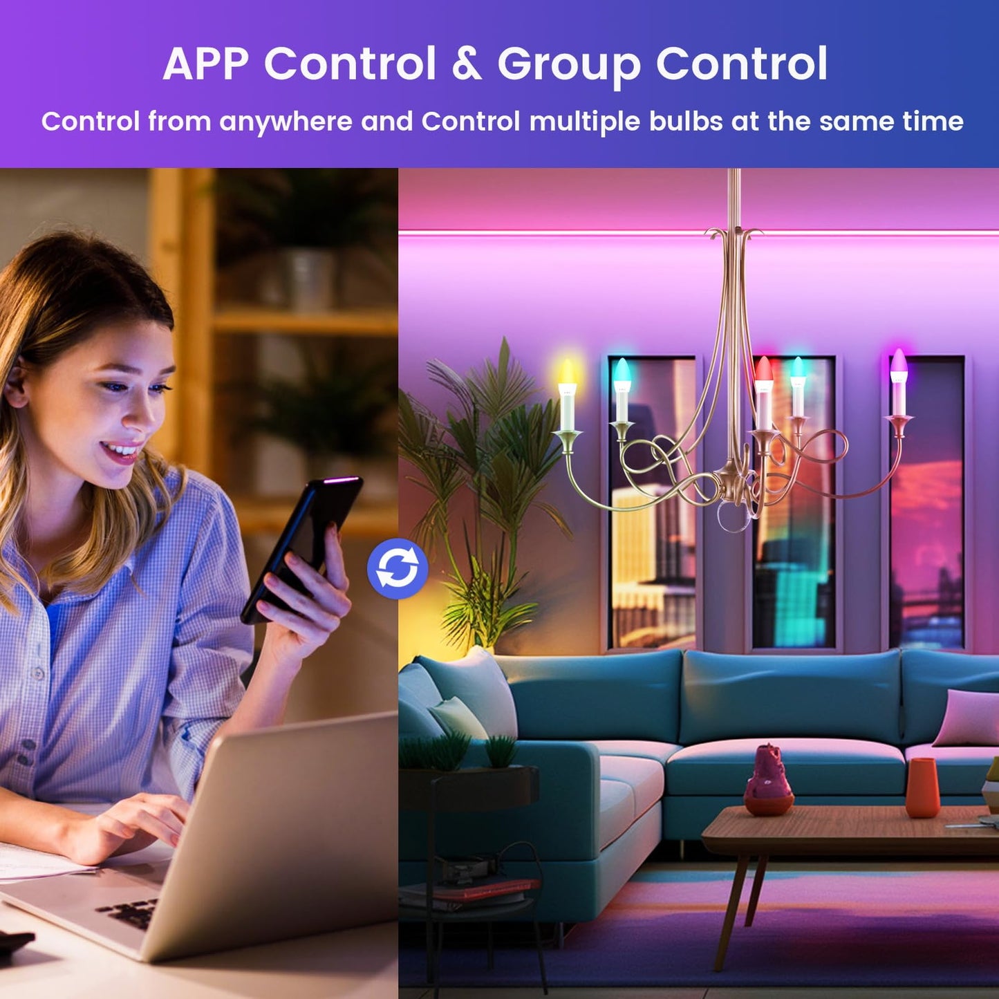 OHLUX 6 Pack E12 Smart Candelabra LED Light Bulbs, Color Changing Compatible with Google Alexa and Smart Life, 4W 40W Equivalent WiFi Candle Bulbs with Remote Control, Timer