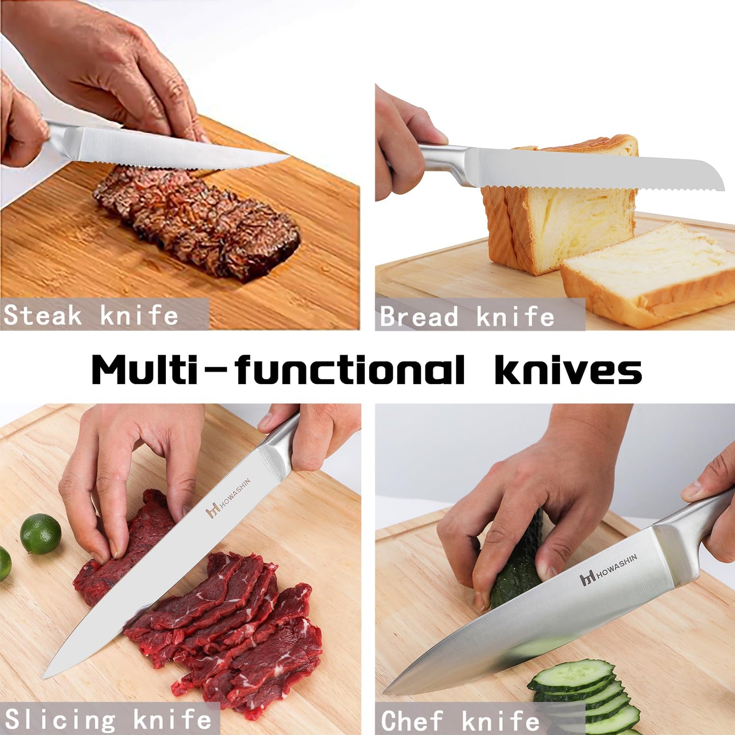 Knife Set with Block – Howashin Stainless Steel Kitchen Knife Set, Sharp Blade Set with Sharpening Steel– 15 Pcs Chef Knife Set